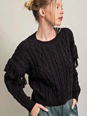 Tahari Black Cable-Knit Fringe Crewneck Sweater